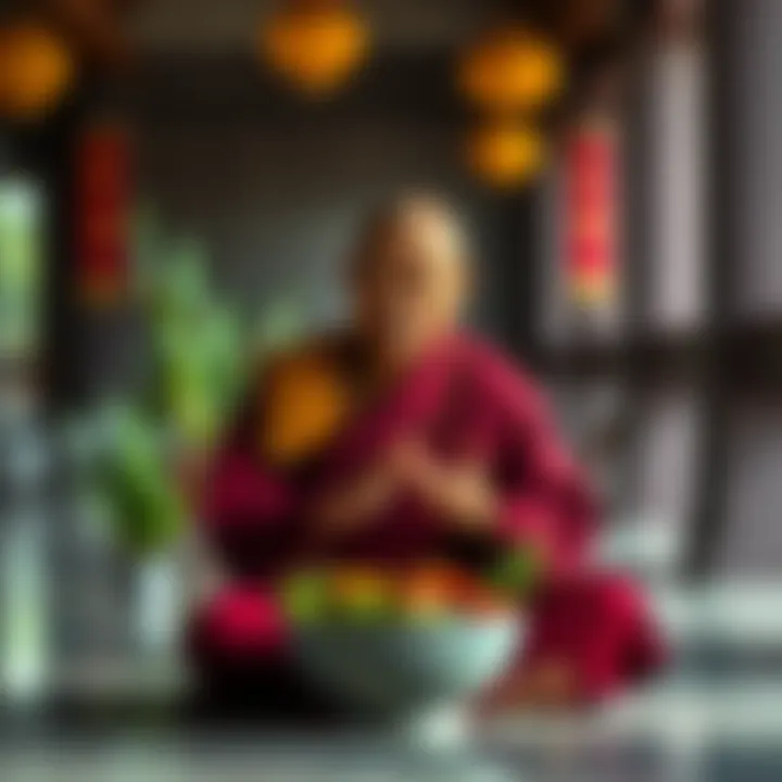 A Buddhist monk sits peacefully with a bowl of vegetables, reflecting on dietary choices in a serene environment.