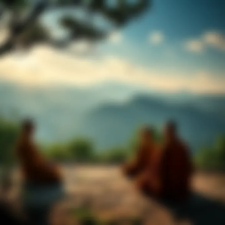 A serene scene of Buddhist monks meditating in Plum Village, surrounded by nature, reflecting on the teachings of Nirvana and suffering.