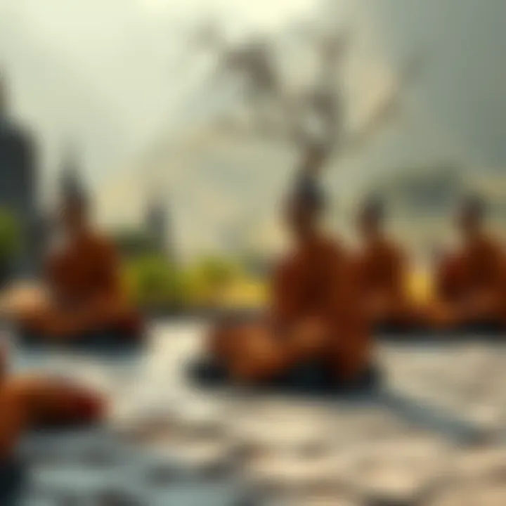 Buddhist monks sitting in meditation, surrounded by serene nature, contemplating perception and reality.