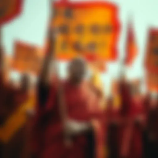 Buddhist monks peacefully protesting against authoritarian rule, holding banners for social justice