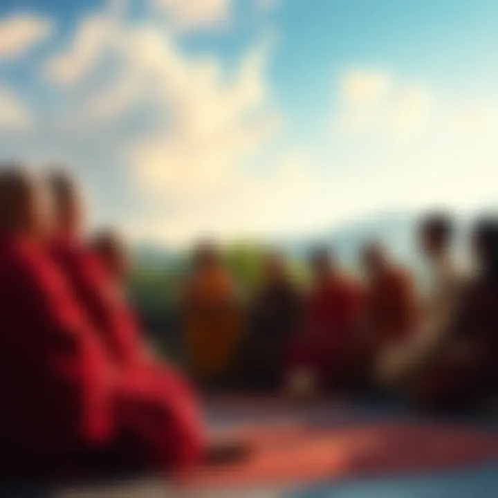 Buddhist monks sharing teachings on the Eight Uposatha Precepts with a group of laypeople in a serene setting