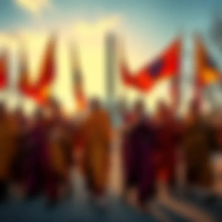 Buddhist monks walking together in robes, holding flags and offering peaceful gestures in Washington, D.C.