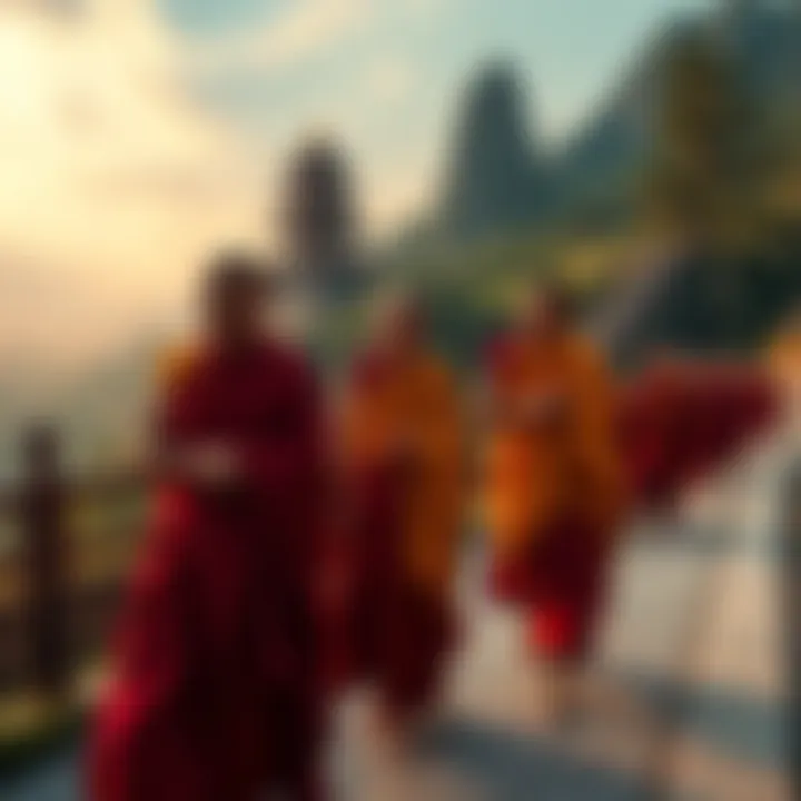 Buddhist monks in traditional robes walking together along a scenic path, spreading messages of peace