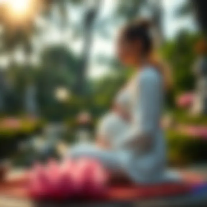 A pregnant woman sitting peacefully in a serene garden, practicing meditation while surrounded by symbols of Buddhism, such as a lotus flower and prayer beads.