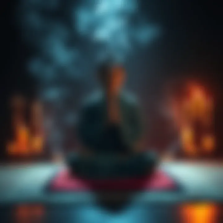 A Buddhist person sitting on a mat with hands in a prayer position, surrounded by candles and incense smoke, reflecting on the Dharma for guidance