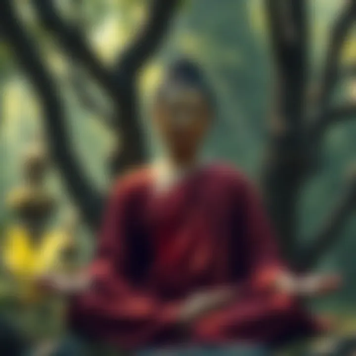 A person meditating with a serene expression, surrounded by nature, symbolizing the struggle of following the 10 Buddhist precepts in modern life.