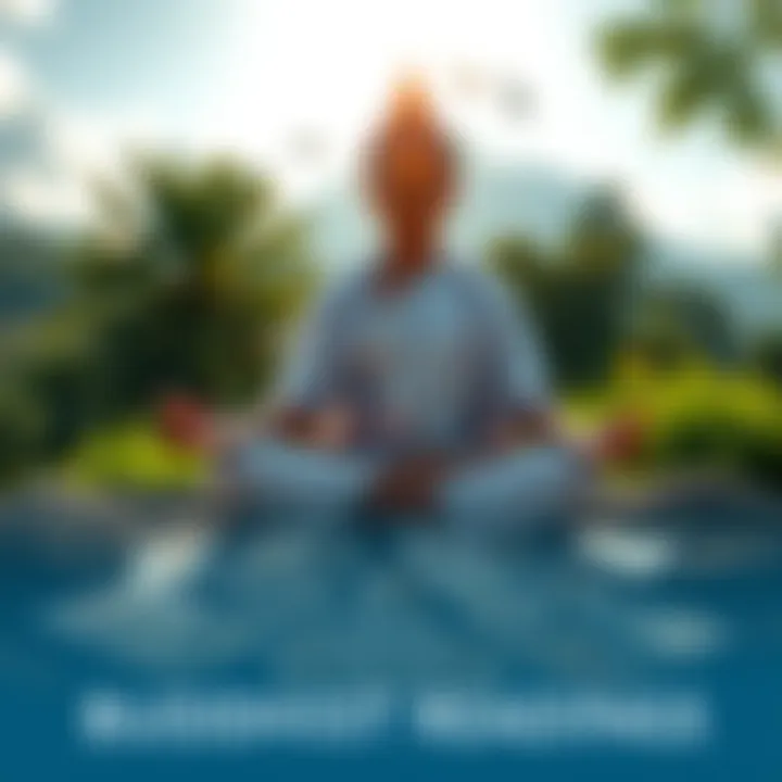 A person meditating with tarot cards spread out, surrounded by calming nature scenery, representing personal development and insights from Buddhist teachings.