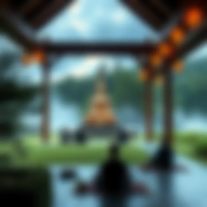 Buddhist retreat setting with people meditating A serene retreat scene showing individuals practicing meditation in a peaceful setting surrounded by nature.