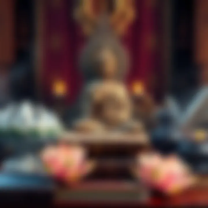 Buddhist scriptures and symbols An arranged set of Buddhist texts and symbols, including a statue of Buddha and lotus flowers, representing faith and wisdom.