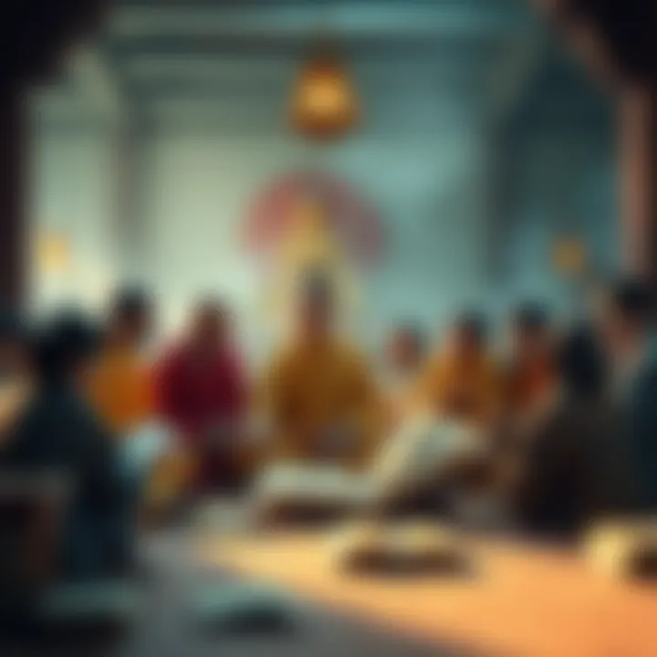 A group of people discussing Buddhist scriptures, surrounded by books and scrolls, showing a mix of scholarly and casual interaction.
