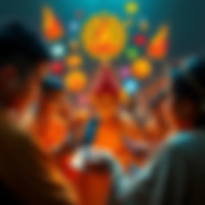 A group of people engaging in a discussion about Buddhism on their smartphones, surrounded by colorful Buddhist symbols and icons.