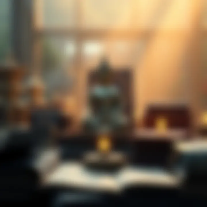 A serene setting featuring a statue of Buddha surrounded by Mahayana sutras, symbolizing personal Buddhist practices and reflection.