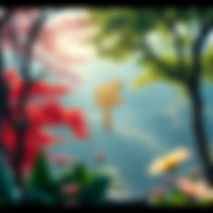 A serene scene featuring a Buddhist symbol surrounded by natural elements, like trees and flowers, emphasizing tranquility over traditional visuals.