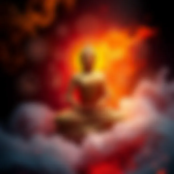 Buddhist Symbol of Rebirth A serene figure meditating with symbols of the cycle of life around them, representing the Buddhist concept of rebirth and the idea of self as processes.