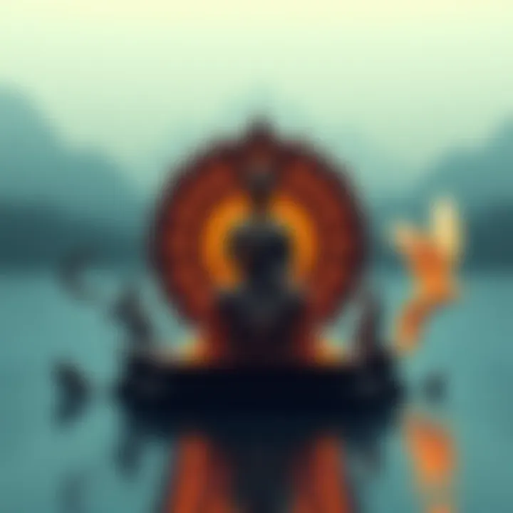 A depiction of the six realms in Buddhism, featuring symbolic representations such as heaven, hell, and animals, set against a calming background.