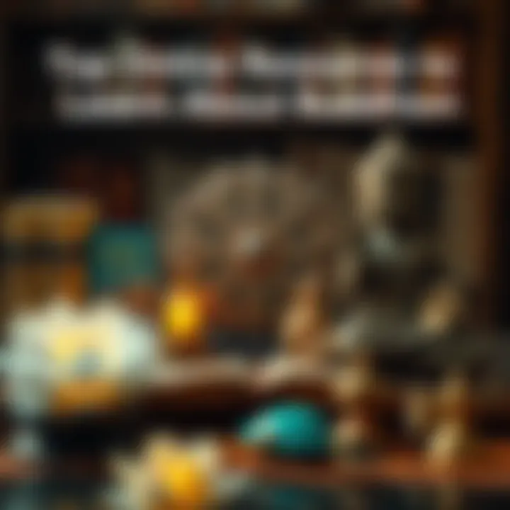 An arrangement of Buddhist symbols, like the lotus and Dharma wheel, along with books about Buddhism