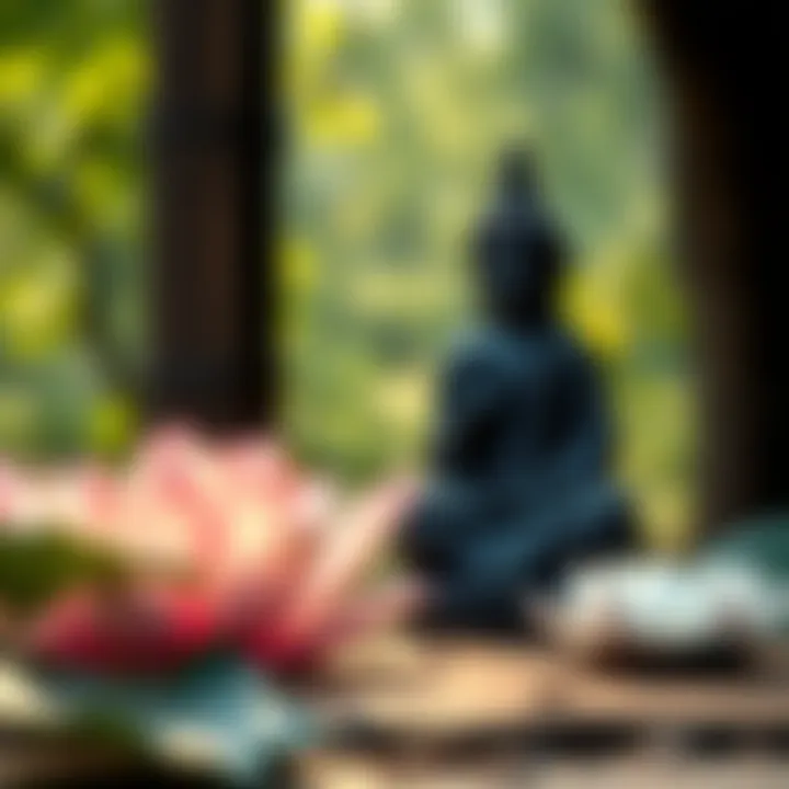 A serene setting with Buddhist symbols like a lotus flower and a calming Buddha statue, representing peace and recovery from food addiction.