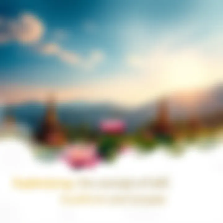 A serene scene featuring Buddhist symbols like the lotus and a peaceful landscape with mountains and a clear sky, symbolizing self and connection to nature.