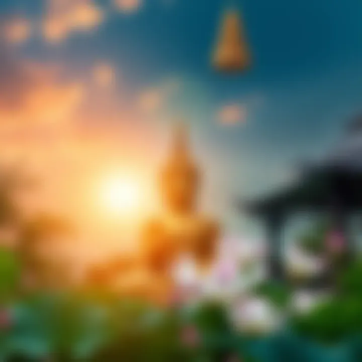 A serene landscape with a Buddha statue and lotus flowers, representing Buddhism's teachings.