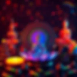 A collection of Buddhist symbols like the lotus flower and Dharma wheel displayed with rainbow colors representing LGBTQ+ pride.