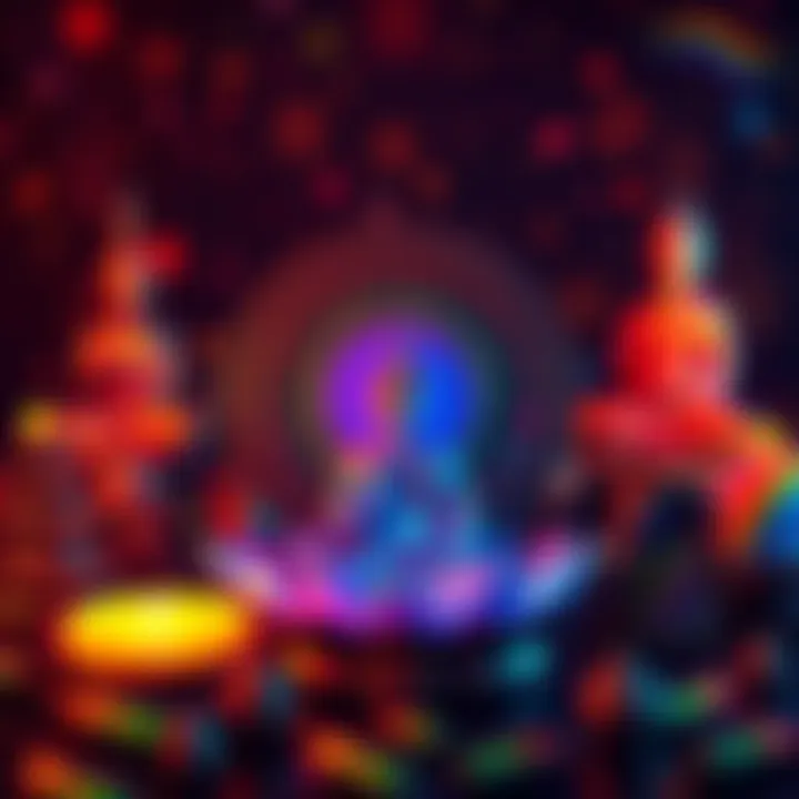 A collection of Buddhist symbols like the lotus flower and Dharma wheel displayed with rainbow colors representing LGBTQ+ pride.