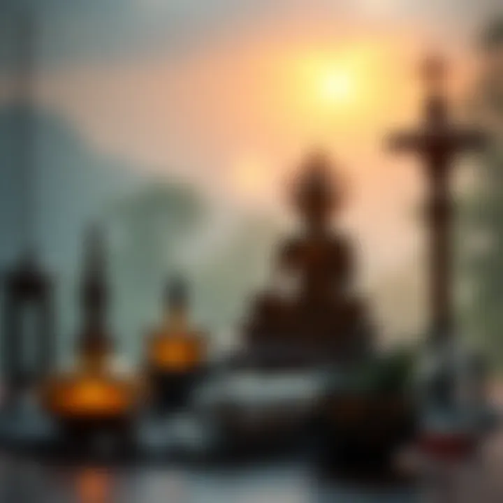 A peaceful setting with Buddhist symbols and various substances like alcohol and cannabis displayed, representing the Fifth Precept.