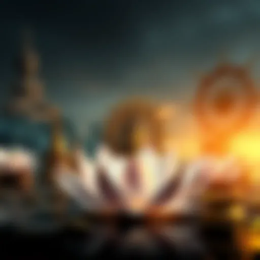 A serene scene featuring Buddhist symbols like the lotus flower and Dharma wheel, representing the complexities of Buddhist philosophy.
