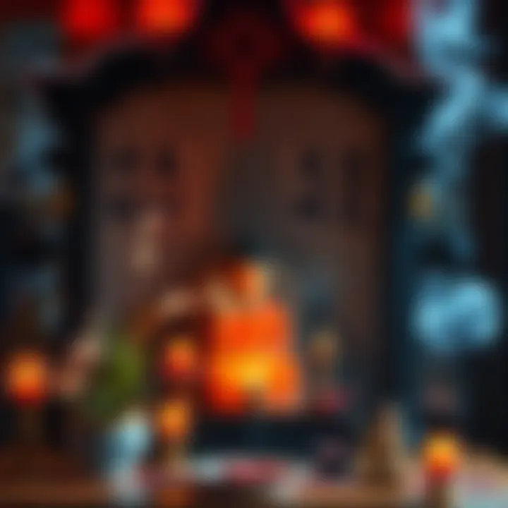 A personal altar displaying a mix of Buddhist and Taoist symbols, including incense, statues, and candles.