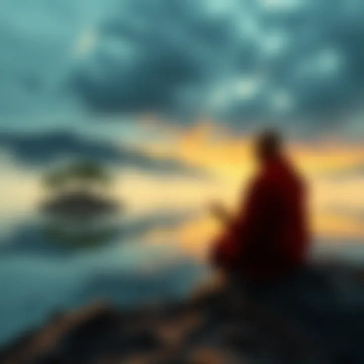 Buddhist teaching on peace A peaceful scene depicting a monk meditating near a serene lake, symbolizing conflict resolution and compassion in communication.