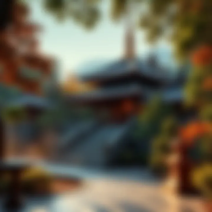 A serene Buddhist temple surrounded by lush greenery, symbolizing peace and spirituality.