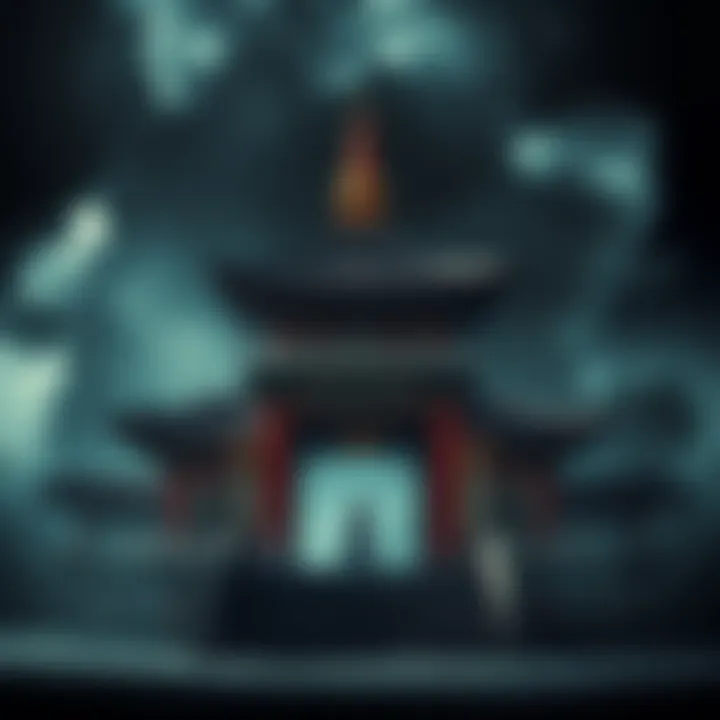 A serene Buddhist temple surrounded by dark, looming shadows, evoking a sense of fear and spirituality. The structure is traditional, with ornate designs and a haunting atmosphere.