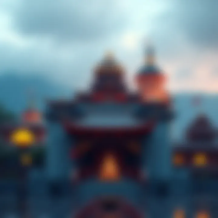 A peaceful Buddhist temple surrounded by government buildings, illustrating the blend of spirituality and governance.