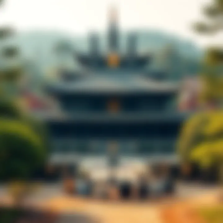 A peaceful Buddhist temple surrounded by trees, featuring a meditation area with people sitting in a circle, practicing mindfulness.