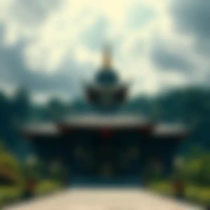 A peaceful Buddhist temple surrounded by nature, featuring symbols representing non-theism and dependent arising concepts.