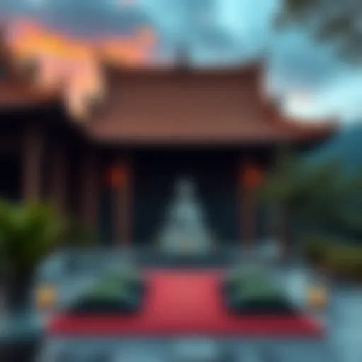 A serene Buddhist temple featuring a peaceful meditation area with cushions and candles surrounded by nature