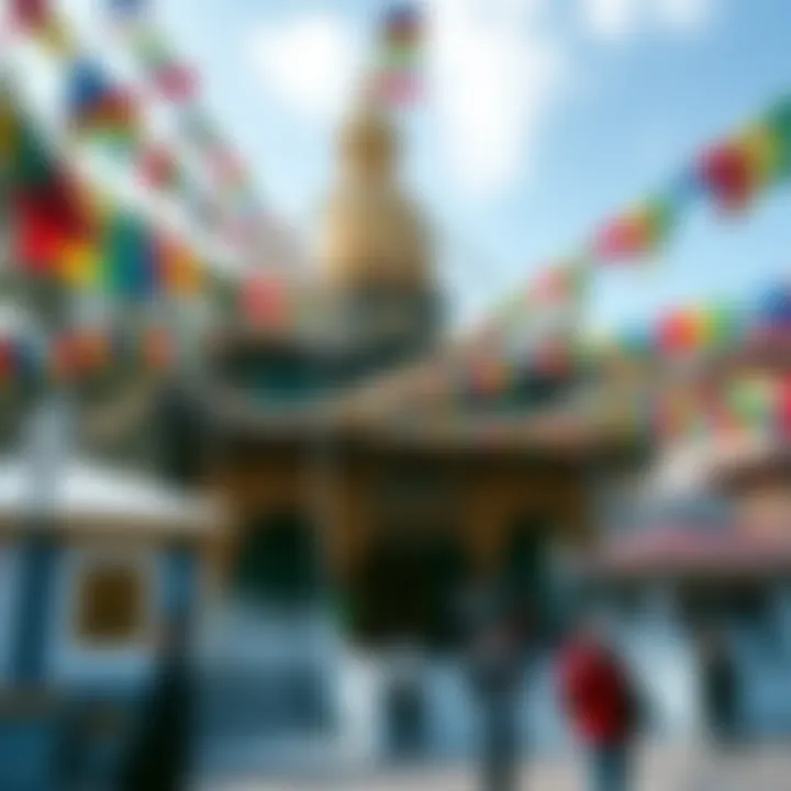 Buddhist Temple with Prayer Flags A vibrant Buddhist temple adorned with colorful prayer flags, showcasing a place of worship and tranquility. People can be seen observing and reflecting.