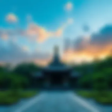 Buddhist temple with serene atmosphere A peaceful Buddhist temple surrounded by nature, symbolizing the search for meaning in life.