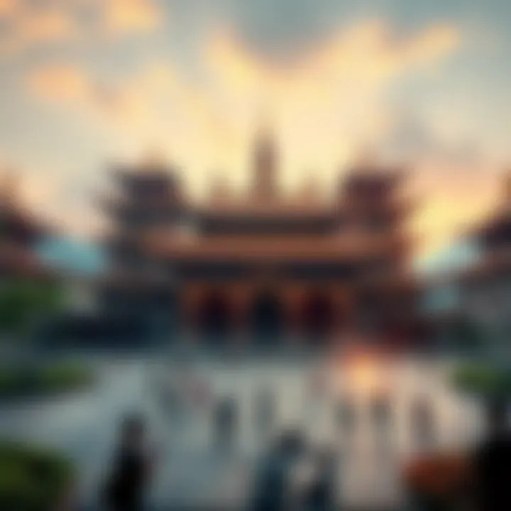 A view of a Buddhist temple showcasing its architectural features and serene surroundings, with people engaging in meditation and prayer.