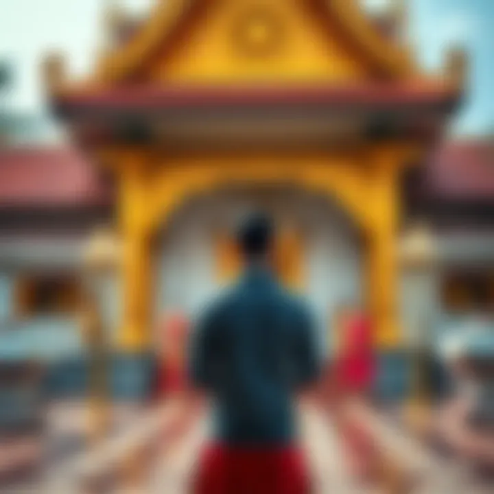 A person dressed respectfully at Wat Mongkolratanaram, observing the temple surroundings and practicing proper etiquette.