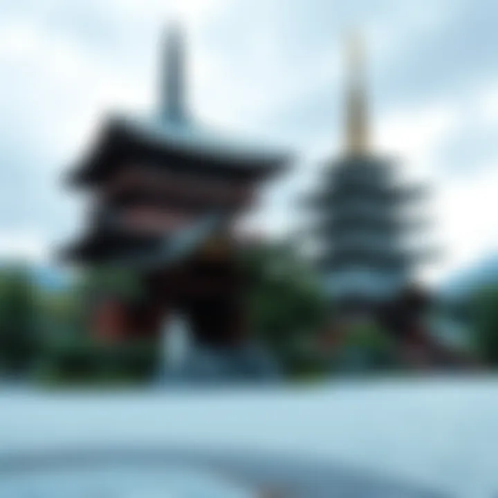 Two contrasting Buddhist temples representing Jodo Shu and Jodo Shinshu styles, surrounded by greenery and peaceful atmosphere