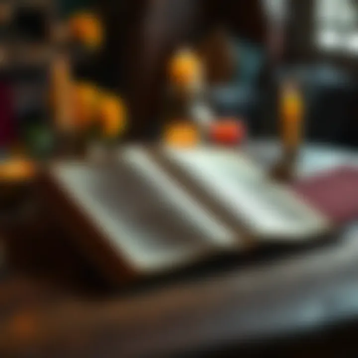 An open ancient Buddhist text with highlighted excerpts on a wooden table, surrounded by candles and incense, symbolizing contemplation and discussion.