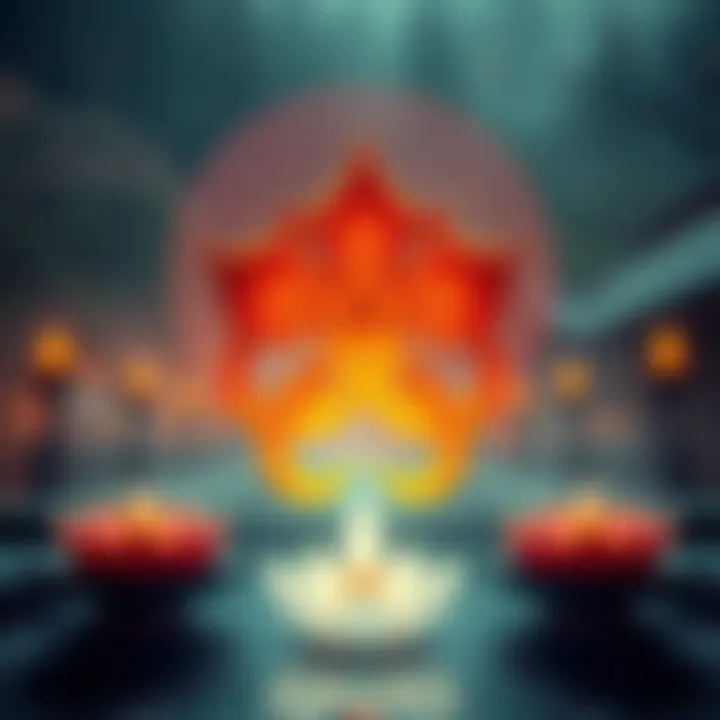 Illustration of Buddhist symbols like the endless knot and lotus flower, symbolizing non-linear time and the concept of rebirth
