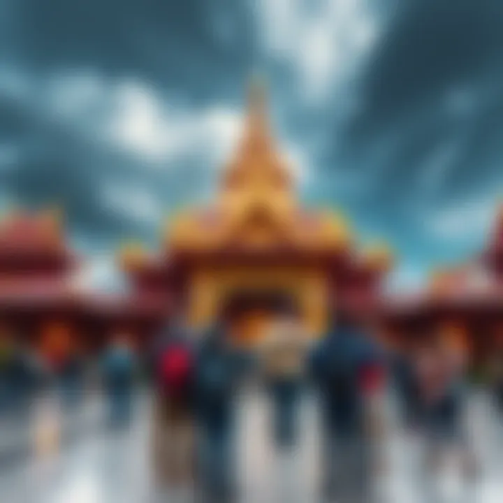 Tourists posing for photos in front of a Buddhist temple adorned with sacred imagery