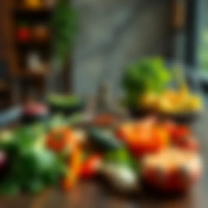 A serene table setting with a variety of colorful vegetables and a small Buddha statue, symbolizing the balance between diet and spirituality.