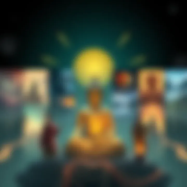 Video games featuring Buddhist themes A collage of video game covers showcasing characters and elements inspired by Buddhism, with serene backgrounds and themes of mindfulness.
