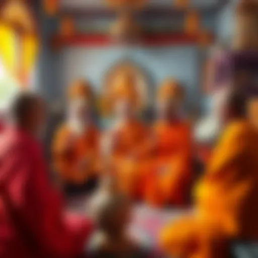 A group of Buddhists engaged in conversation about Kashmir Vaishnavism beliefs, surrounded by cultural artifacts, reflecting diverse spiritual views
