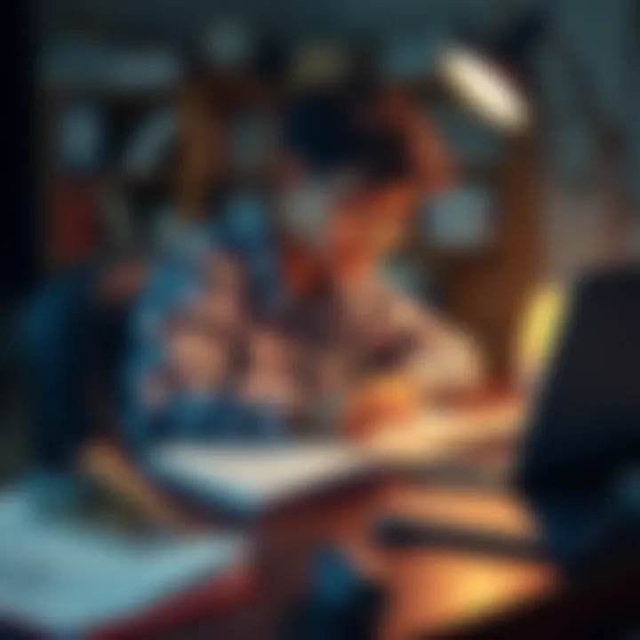 A young author sits at a desk, focused on writing fanfiction with notebooks and a laptop. Inspiration is visible on the desk, including books and sketches.