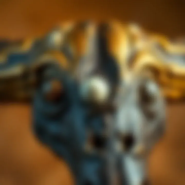 Hand-carved buffalo horn art with stone eyes A close-up of a unique hand-carved buffalo horn piece featuring eyes made from natural stones