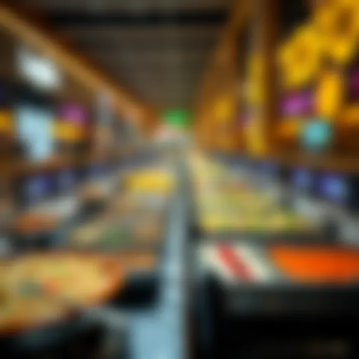 Buffet Spread in Mall A large buffet table displaying a variety of dishes including pasta, salads, and desserts in a busy mall setting.