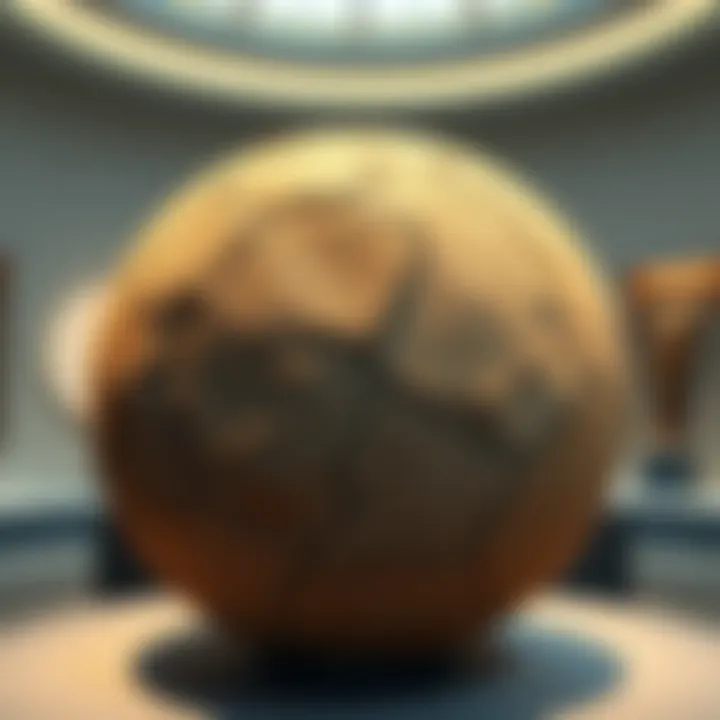 The Buga Sphere, a round stone artifact believed to be 12,560 years old, displayed in a museum setting with soft lighting to highlight its surface details.